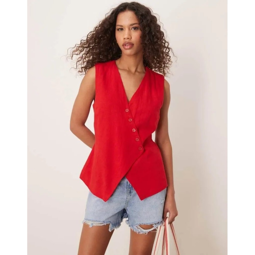 Abercrombie & Fitch Women Red Linen Blend Asymmetrical Button Vest Top Small - Picture 3 of 7